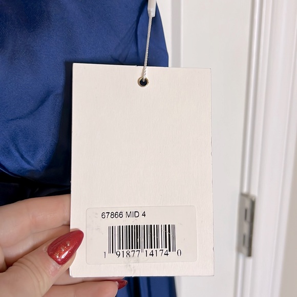 NWT Ieena for Mac Duggal Blue One Shoulder Bishop Sleeve Flowy Gown - 67866 - Picture 7 of 9